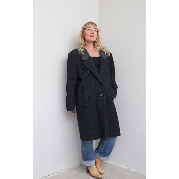 1980's Vintage Hunters Run Black Fleck & Leather Wool Overcoat ~ Women's LG XL - Picture 10 of 10